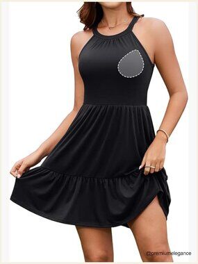 Built-in Bra Halter Sundress with Pockets Flowy A-Line Midi Casual Summer Dress